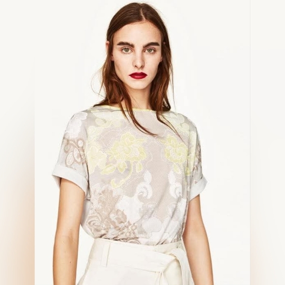 Zara | Beautiful Yellow & Gray T-Shirt with Rolled Sleeves, Size M - Picture 1 of 7